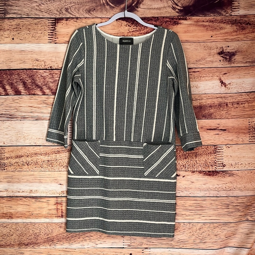 Grey and white striped sheath dress with pockets. Size L.